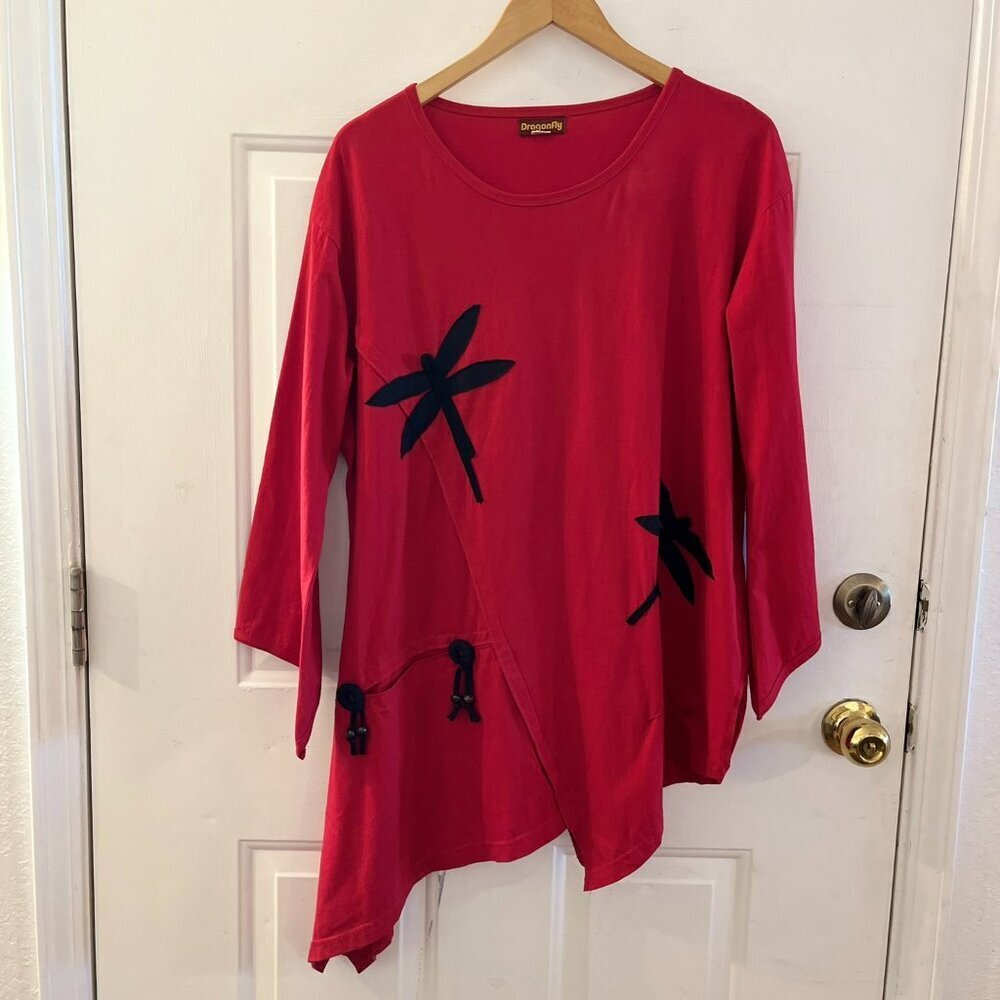 Dragonfly Brand Woman's Red Plus-Size Dragonfly Asymmetrical Hem Tunic Sz XXL